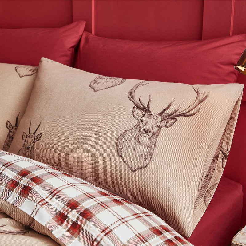 Stag Tartan Check Reversible Natural & Red Duvet Cover Set by Catherine Lansfield