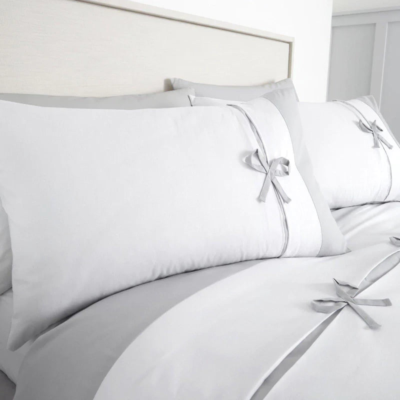 Milo Bow Pleated Detail White & Grey Duvet Cover Set by Catherine Lansfield