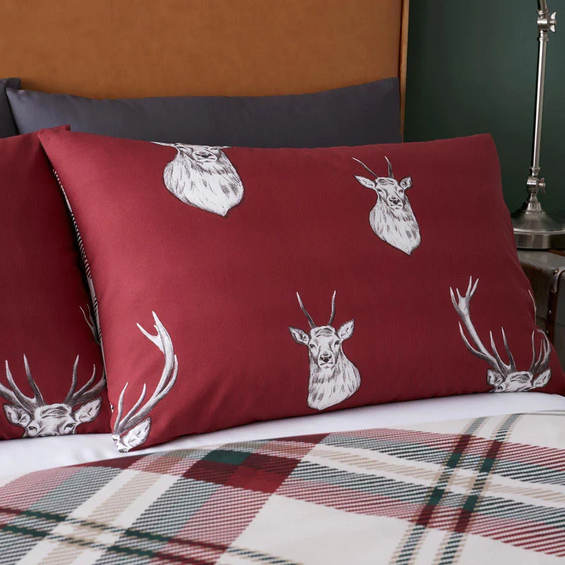 Munro Stag Tartan Check Reversible Red Duvet Cover Set by Catherine Lansfield