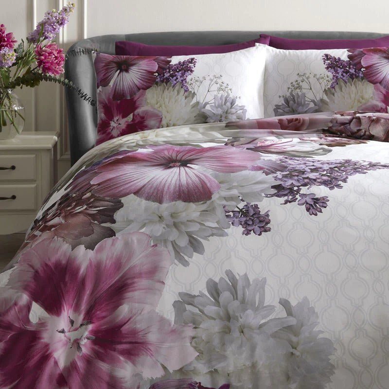 Mayfair Lady Floral Print 100% Cotton Purple Duvet Cover Set by Laurence Llewelyn-Bowen