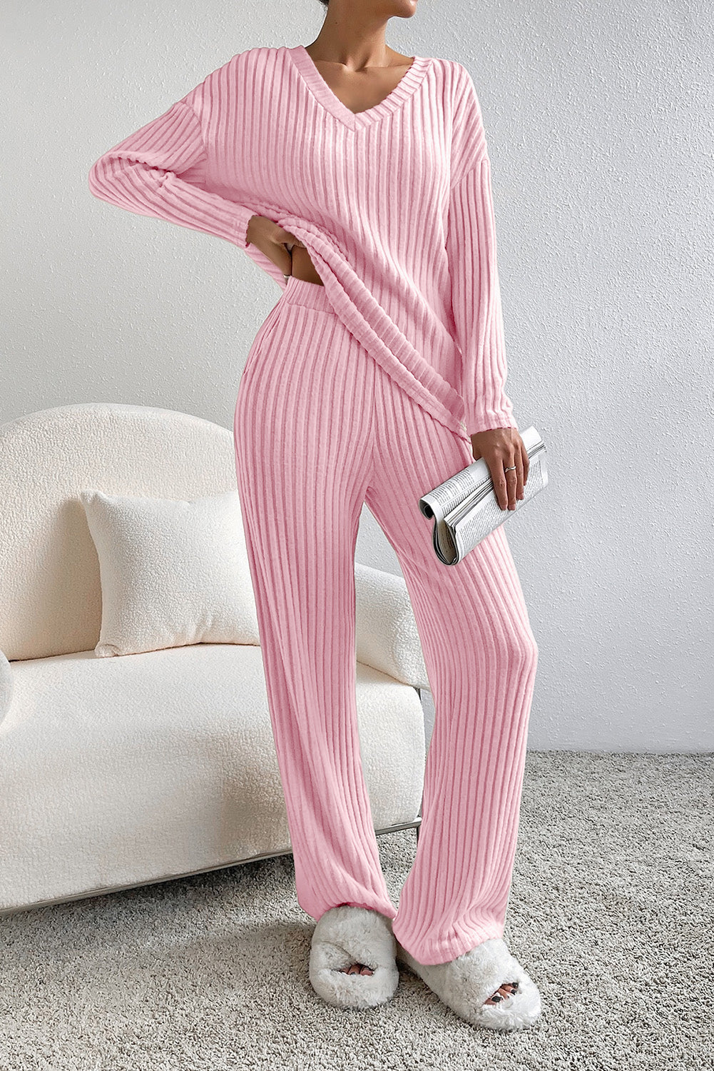 Slouchy Ribbed Knit V Neck Top & Pants Loungewear Set