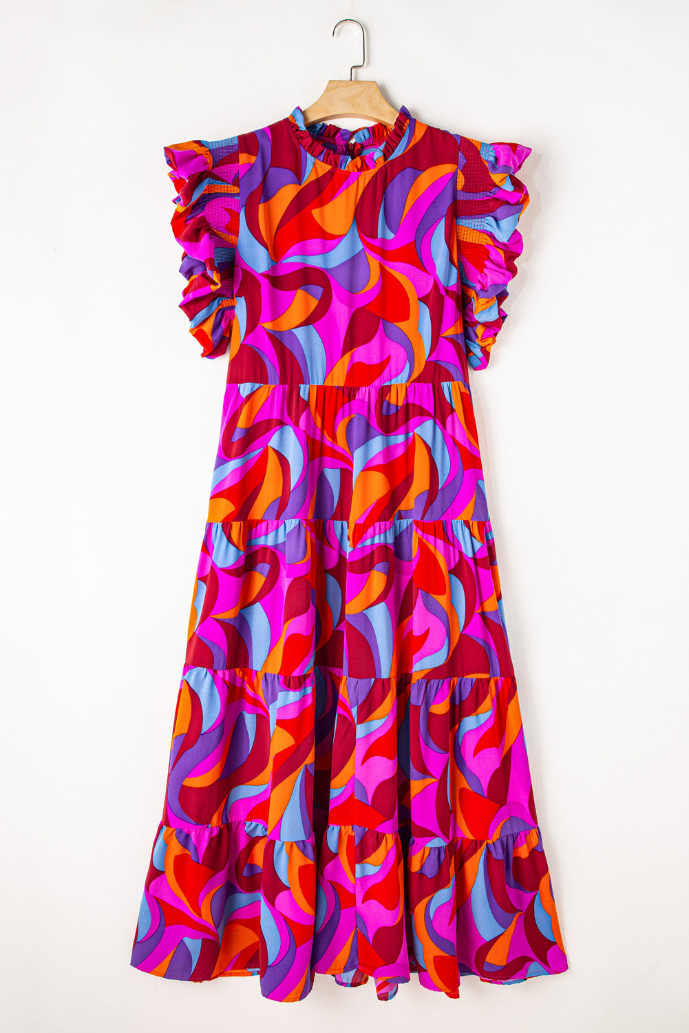 Multicolour Plus Abstract Print Frill Mock Neck Tiered Maxi Dress