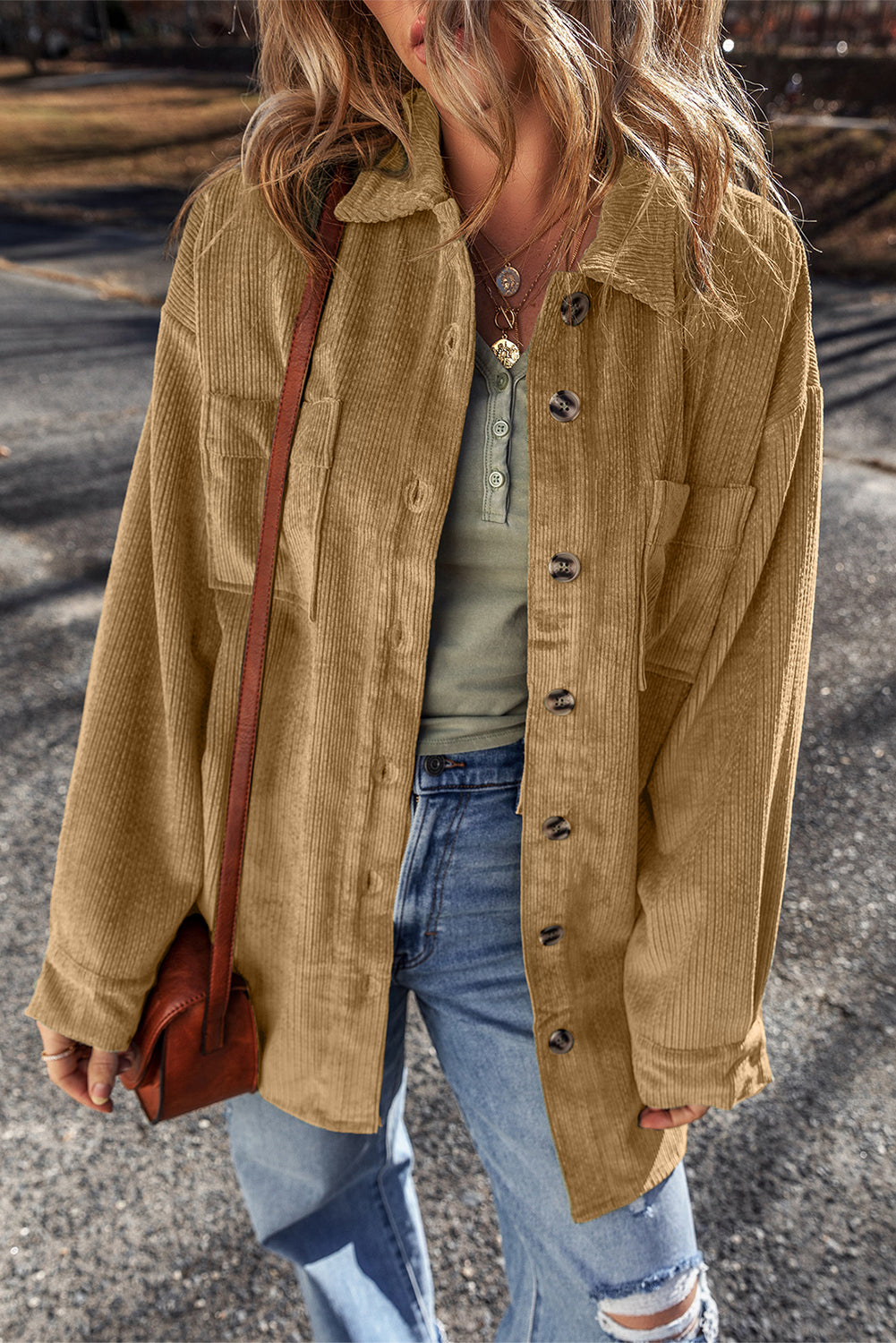 Patched Pocket Button-Up Corduroy Shacket