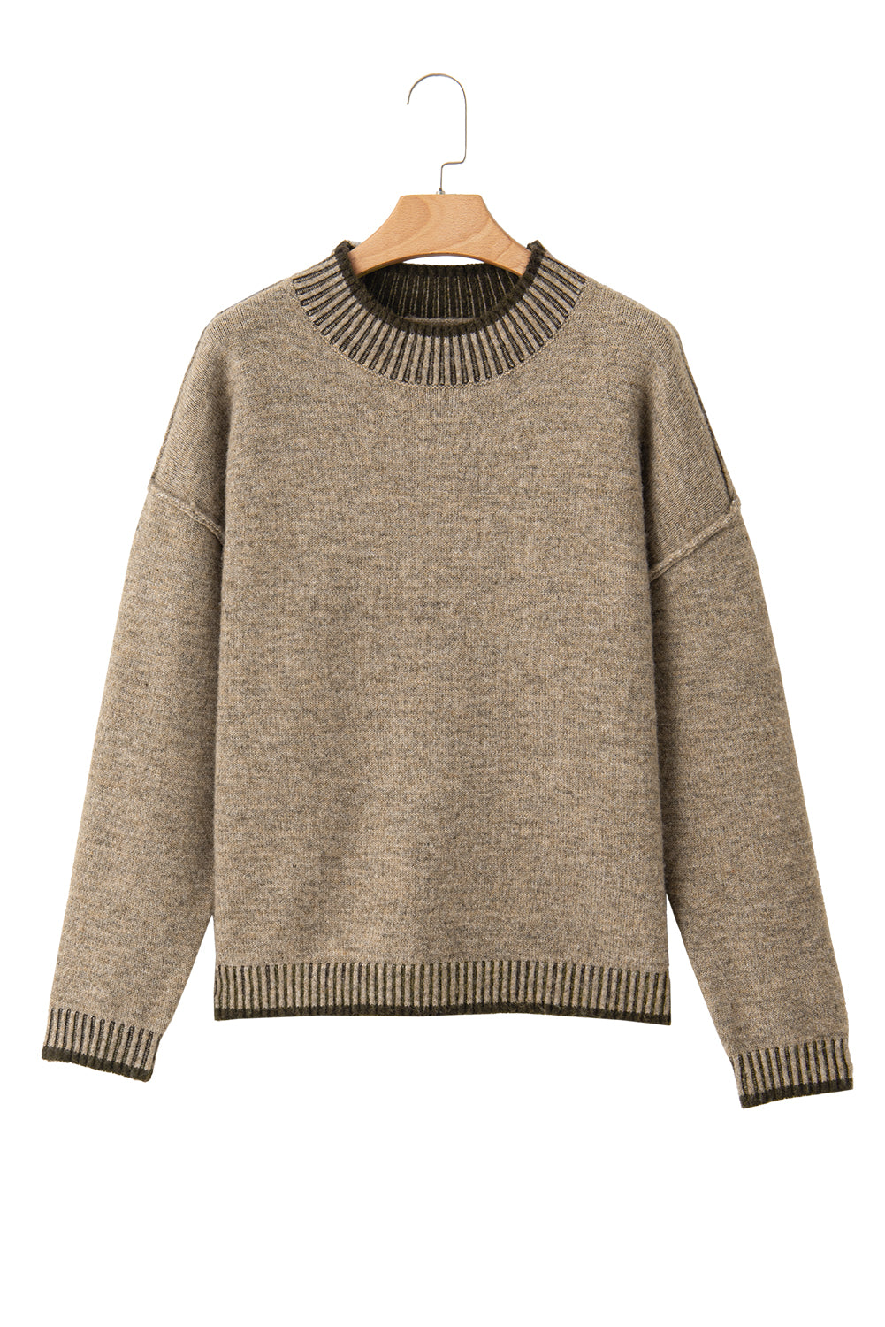 Pale Khaki Contrast Trim Mock Neck Drop Shoulder Sweater