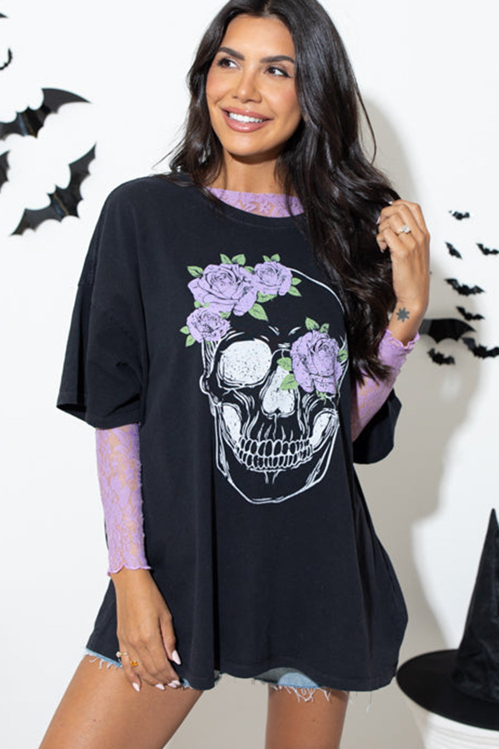 Black Floral Skull Graphic Halloween Tunic T Shirt