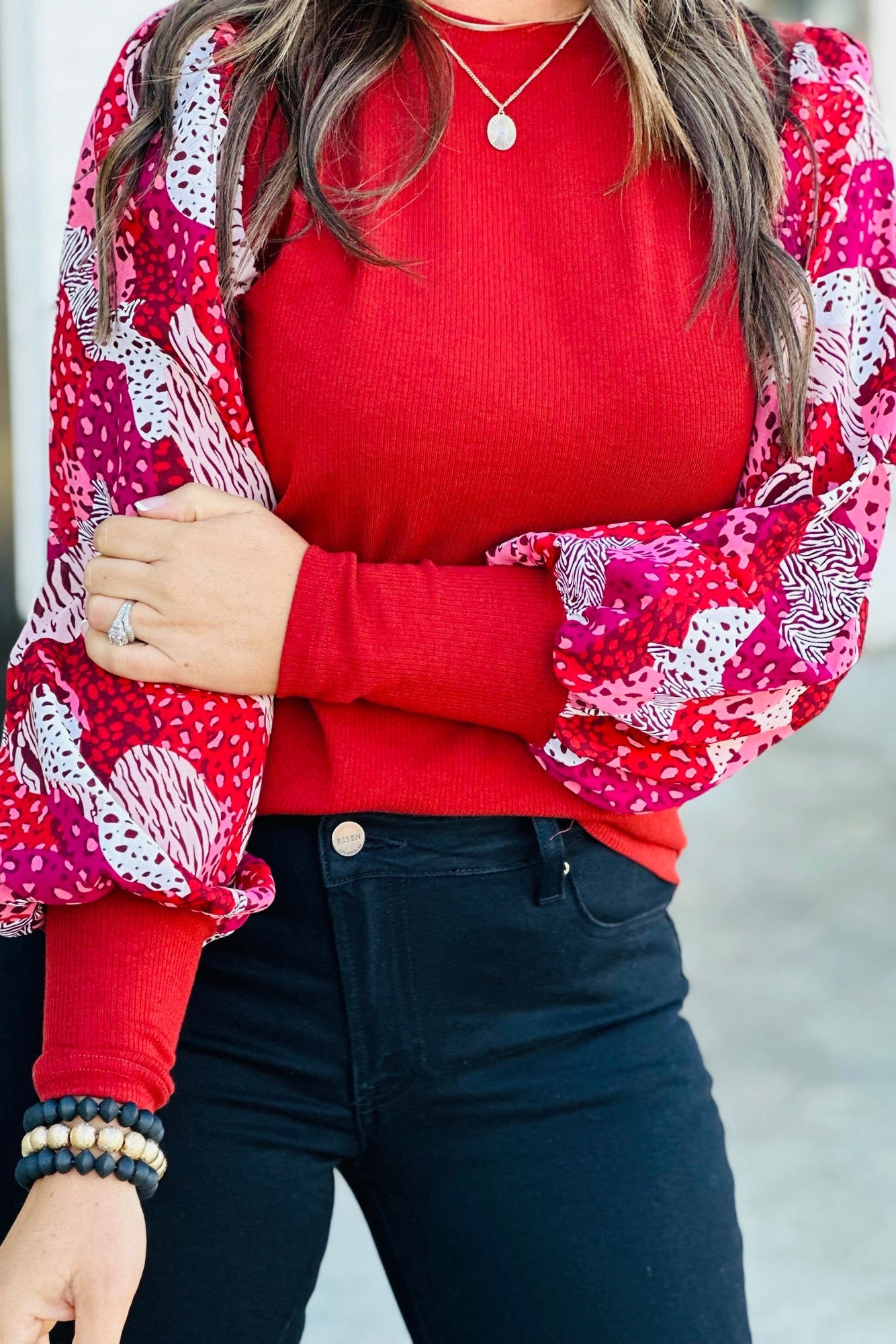 Fiery Red Mixed Animal Print Sleeve Ribbed Top