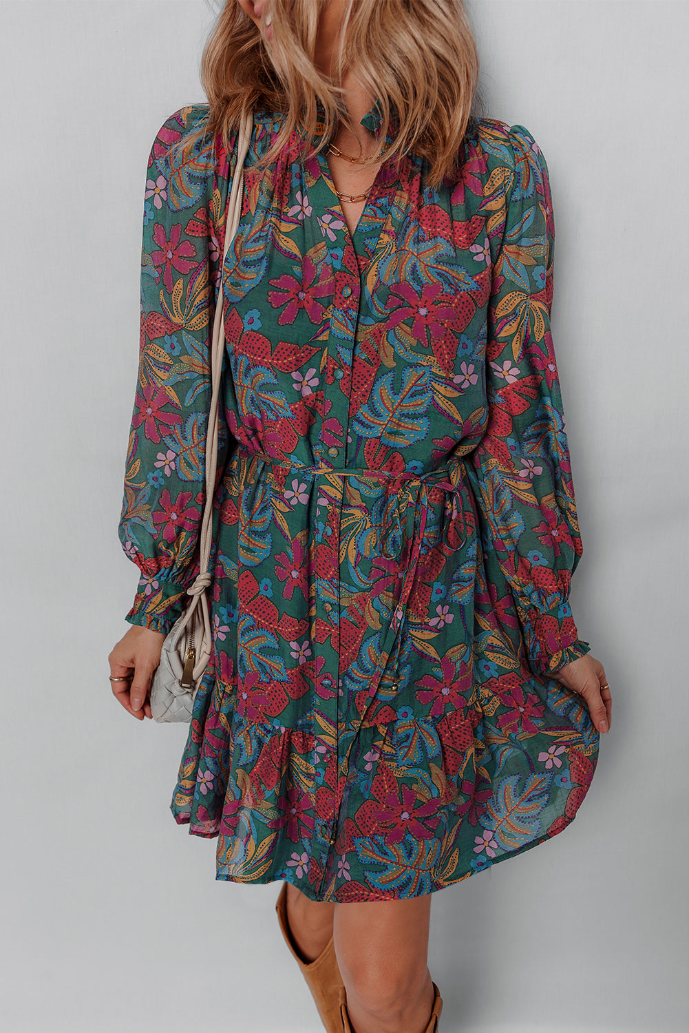 Green Floral Frill V Neck Puff Sleeve Ruffle Mini Dress