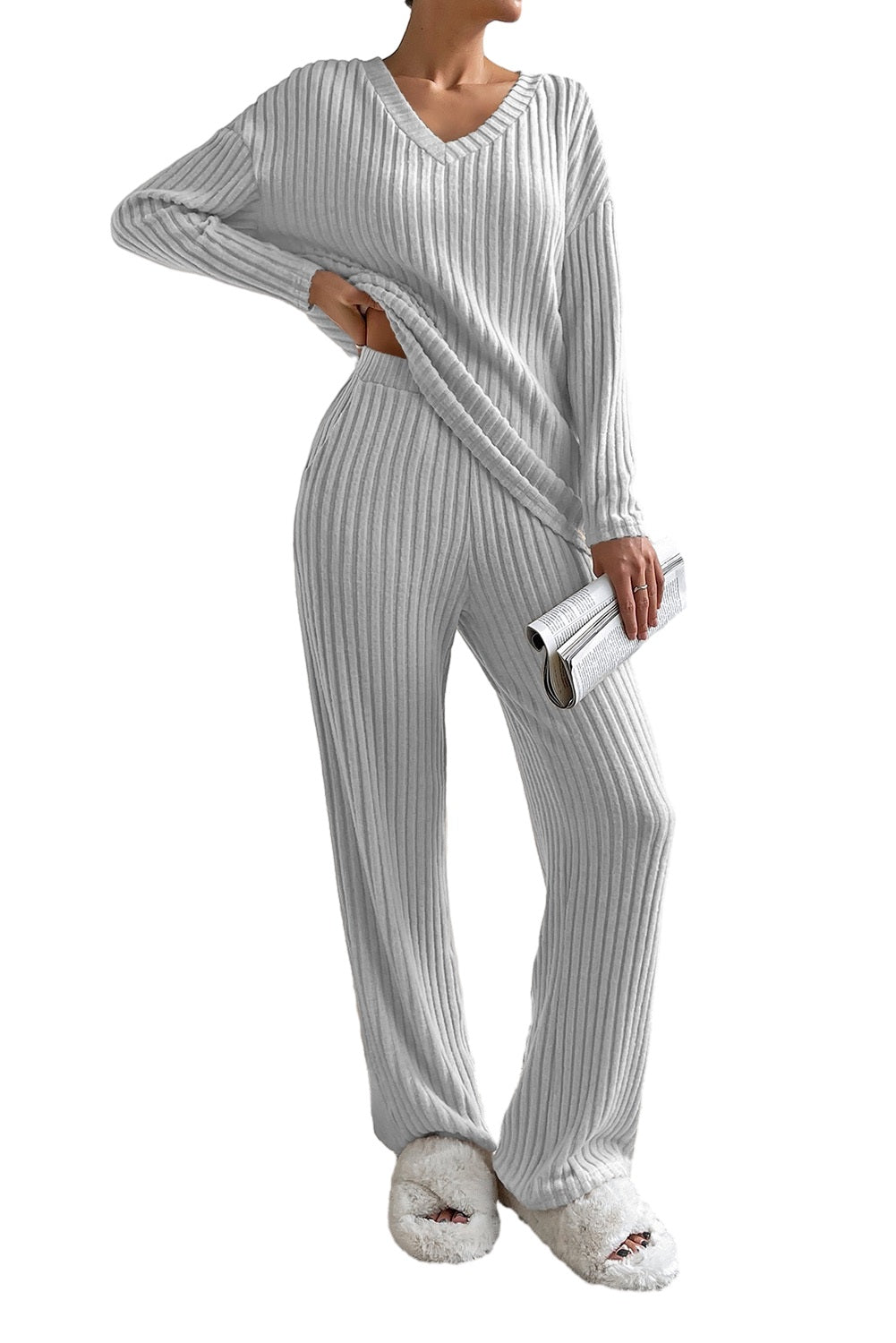 Slouchy Ribbed Knit V Neck Top & Pants Loungewear Set