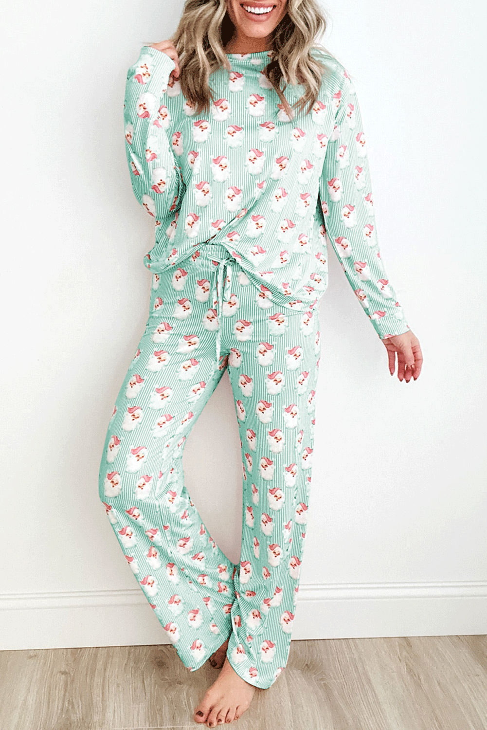 Santa Claus Striped Print Loose Fit Two Piece Loungewear Set