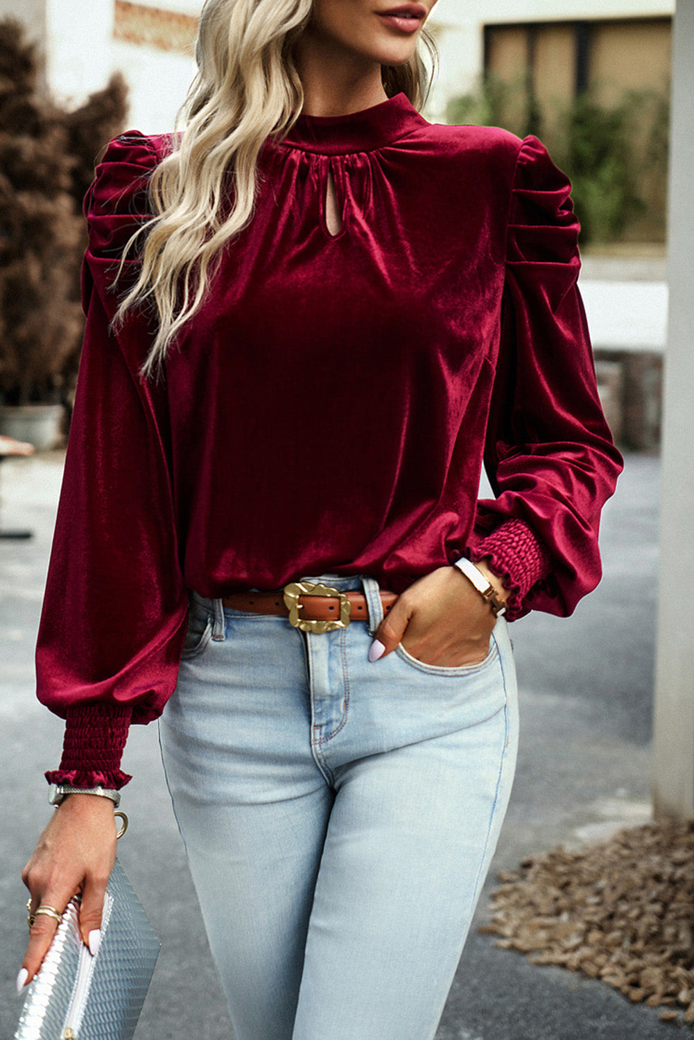 Mock Keyhole Neck Puff Sleeve Velvet Blouse