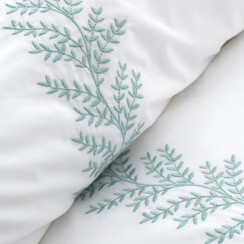 Embroidery Leaf Cotton White & Green Duvet Cover Set by Bianca