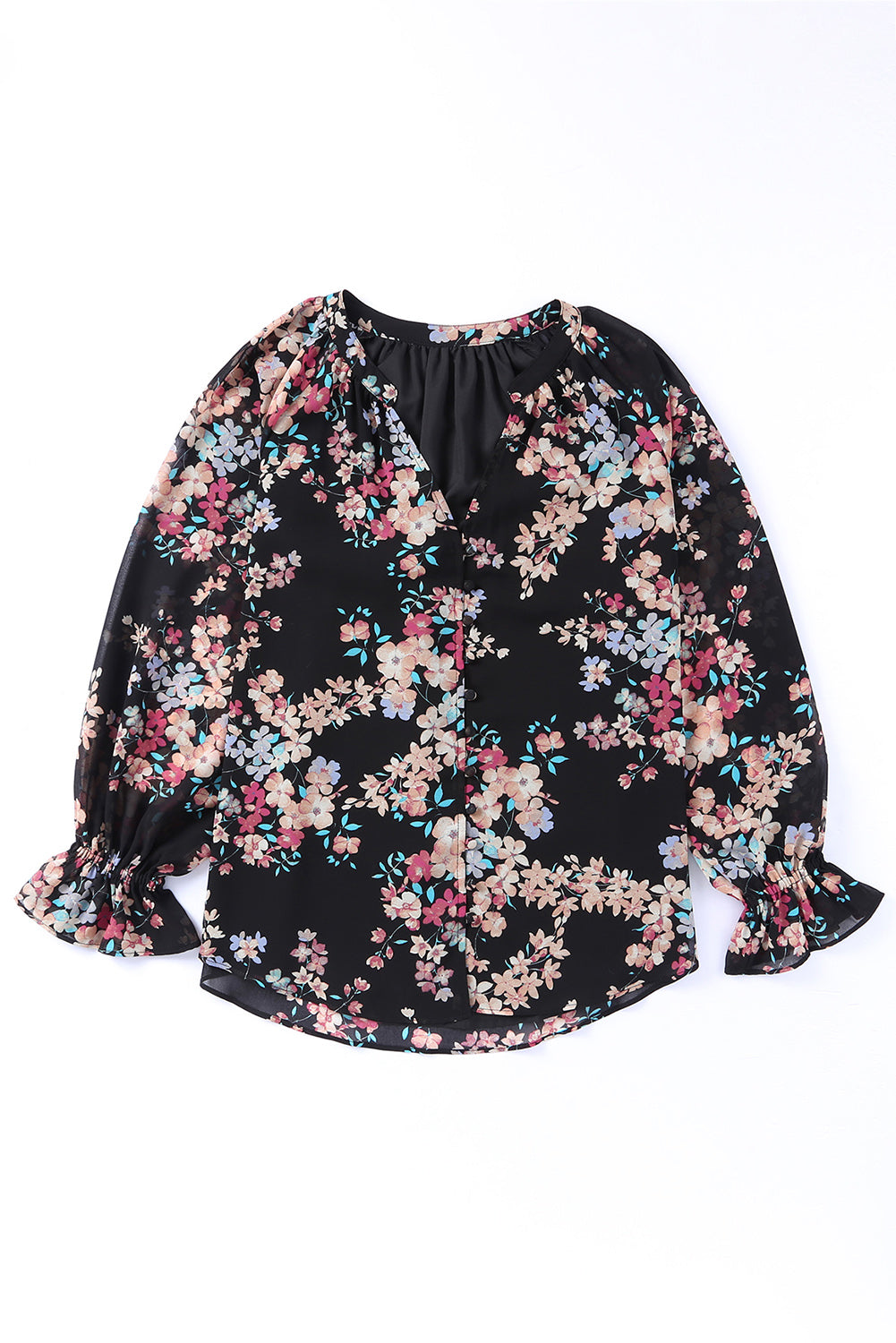 Black Floral Boho Chiffon Peasant Sleeve Blouse