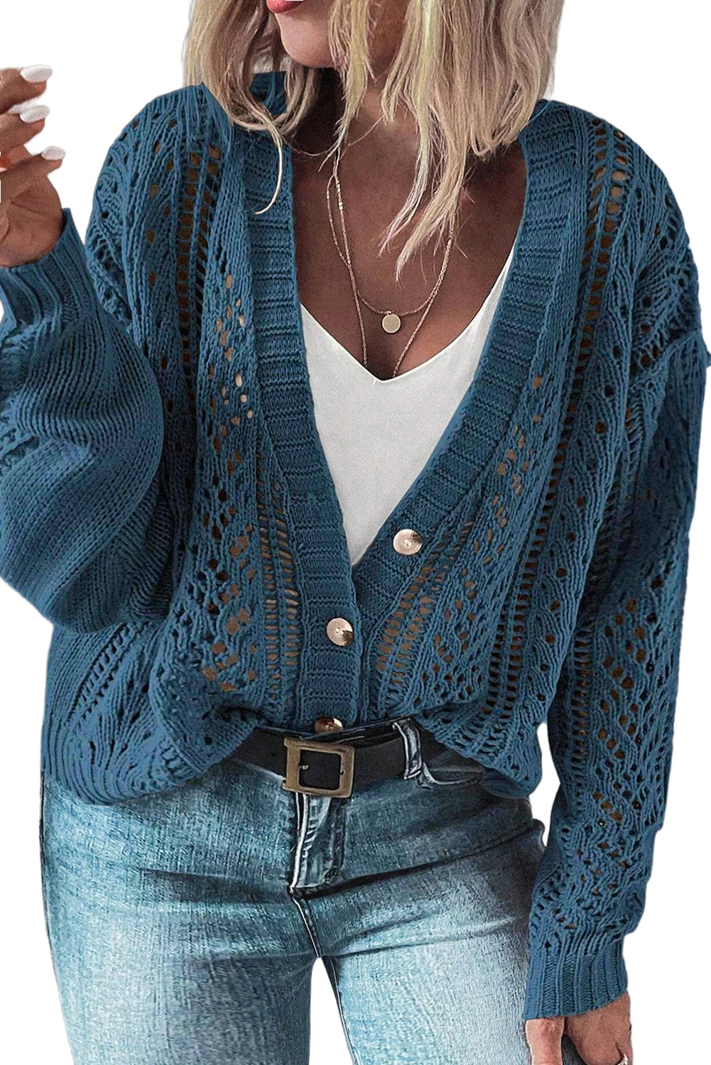 Real Teal Hollow Knit V Neck Button Front Plus Size Cardigan