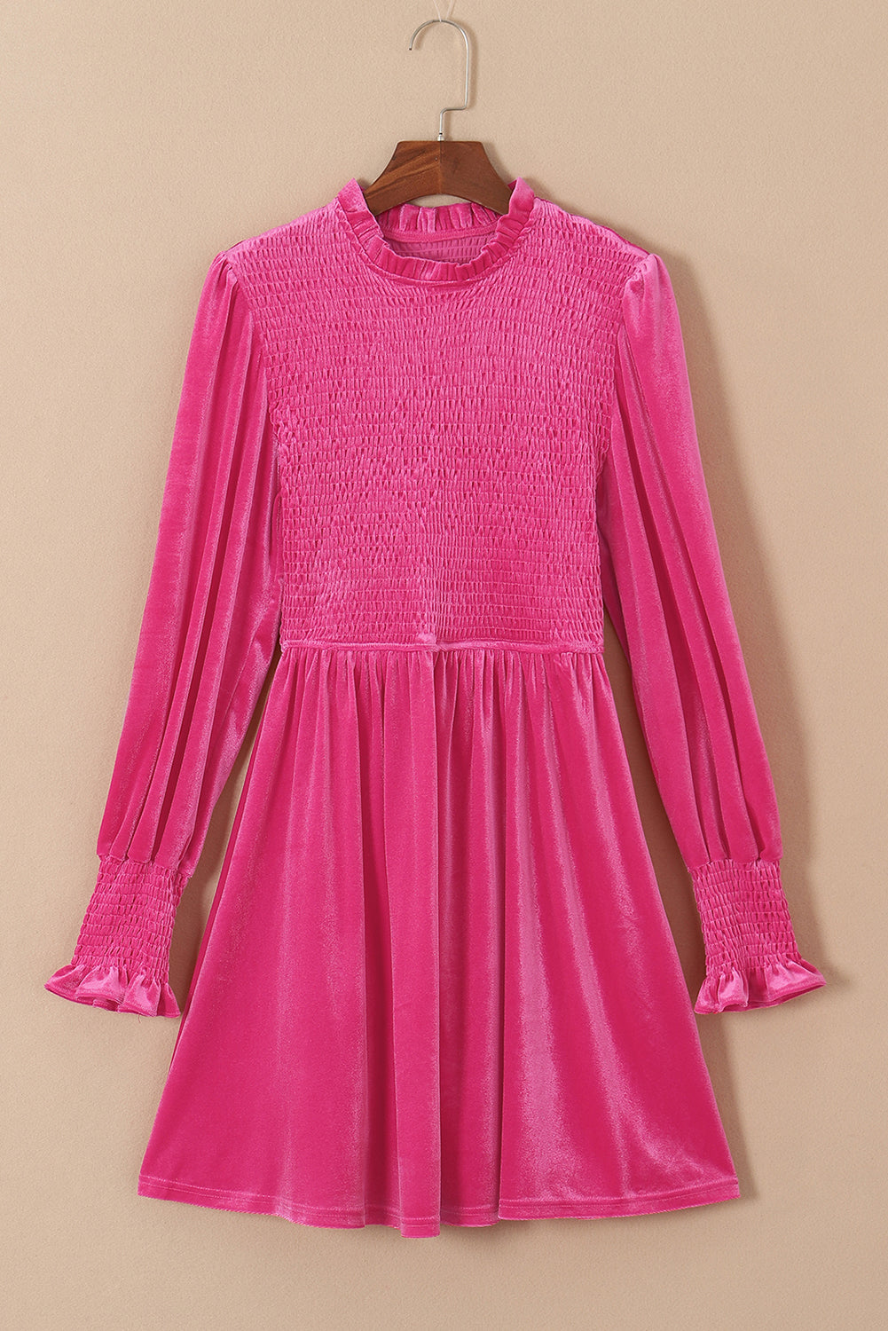 Smocked Lantern Sleeve Frilled Velvet Dress