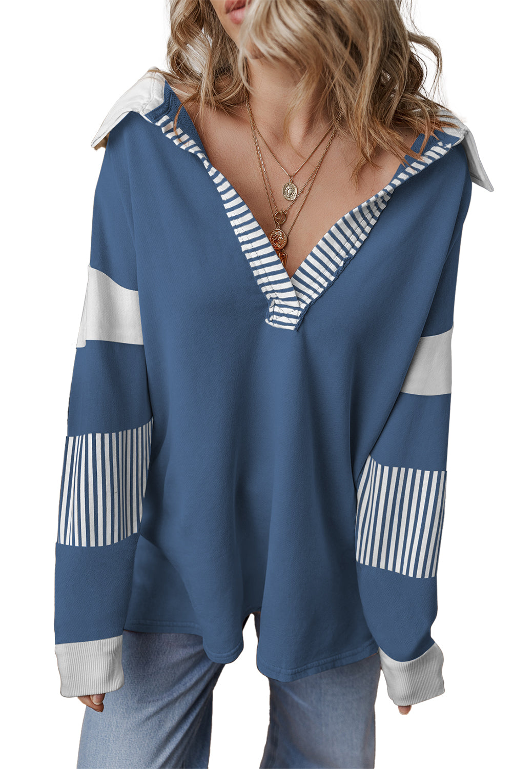 Striped Patchwork Collar Sweatshirt