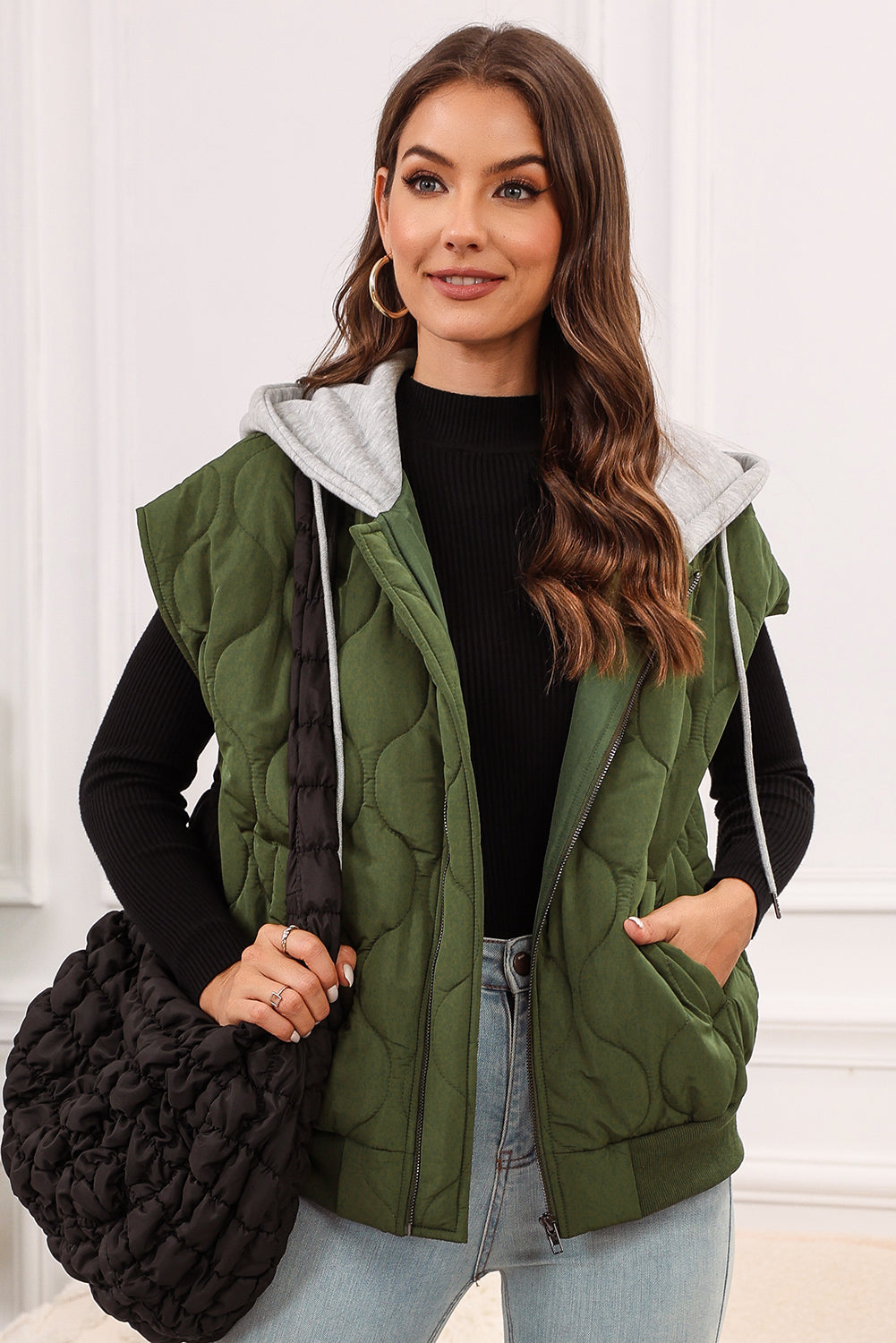 Quilted Drawstring Hooded Zip Up Puffer Vest