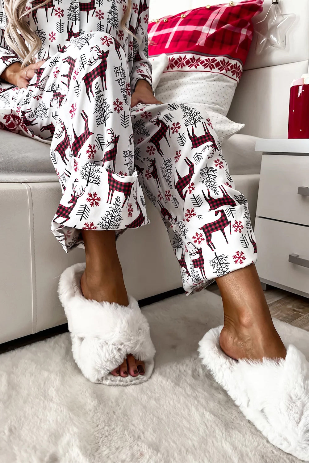 White Christmas Deer Printed Shirt and Pants Pajama Set