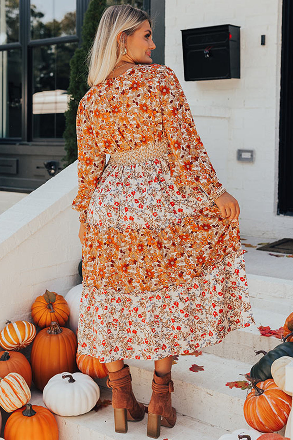 Plus Size Frill Tiered High Waist Floral Dress