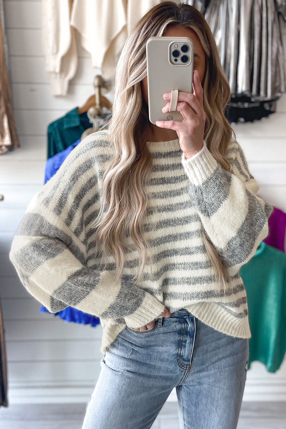 Gray Stripe Drop Shoulder Crew Neck Sweater