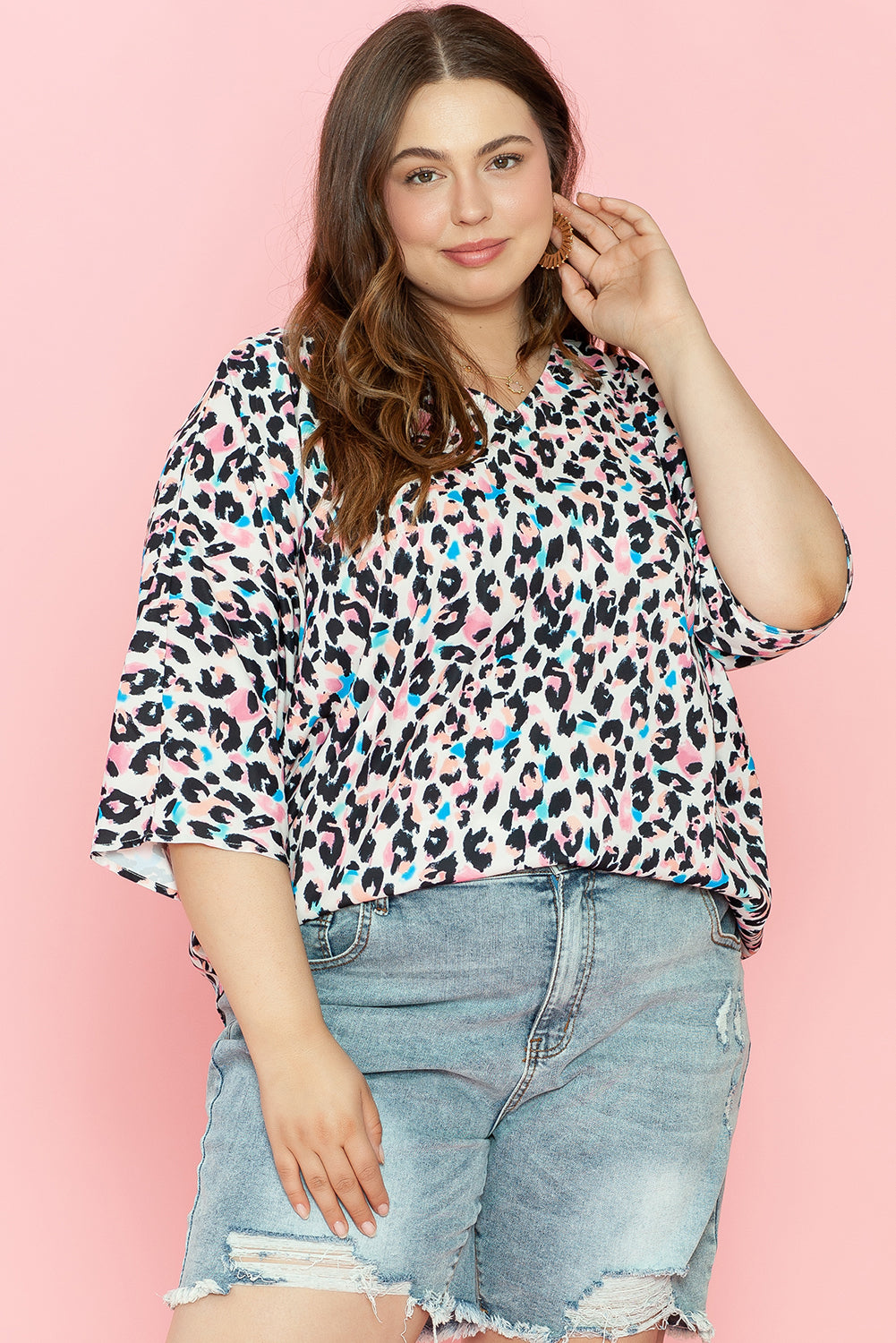 Brown Leopard Print V Neck Plus Size Batwing Top