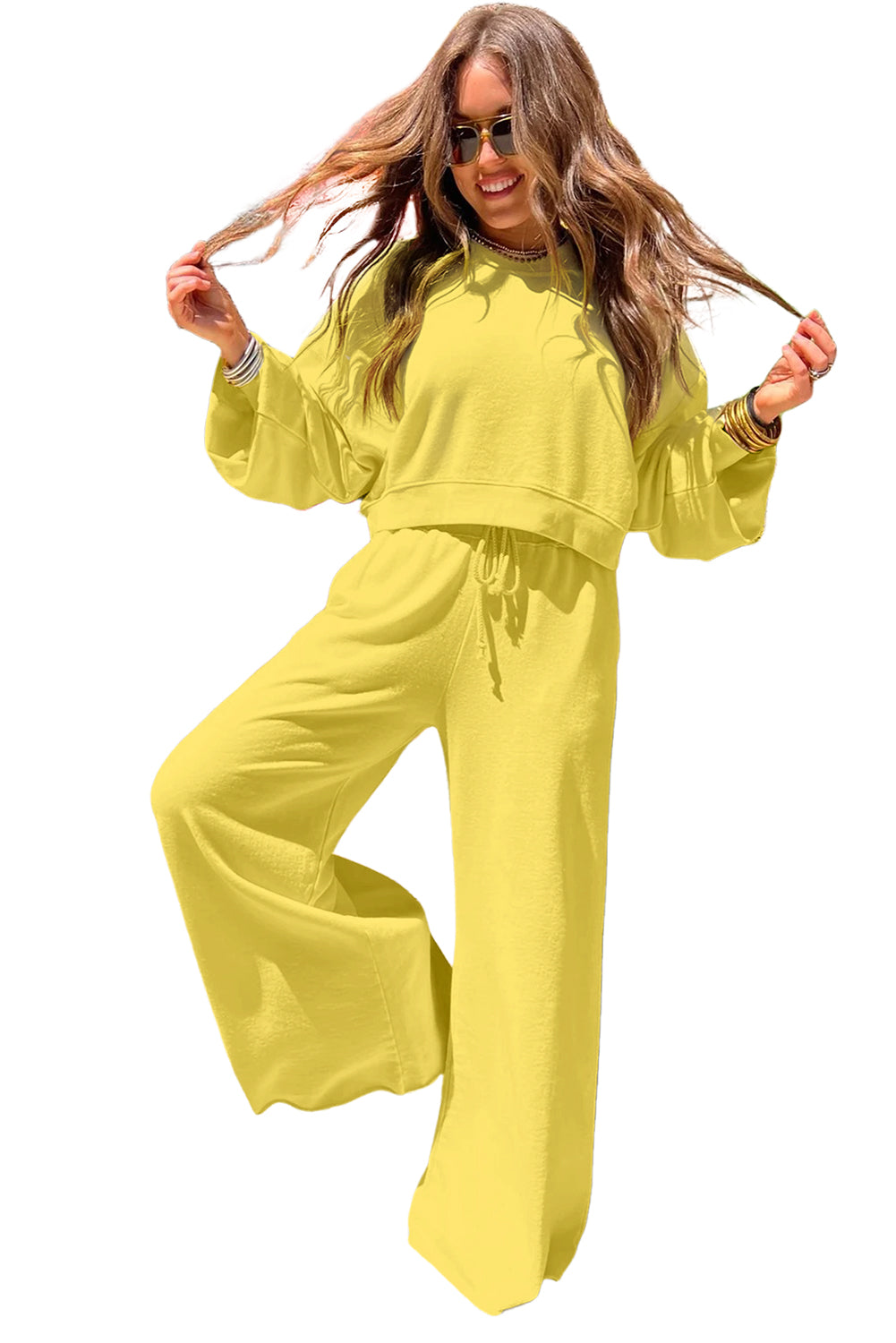 Drop Shoulder Crop Pullover Drawstring Wide Leg Trouser Set