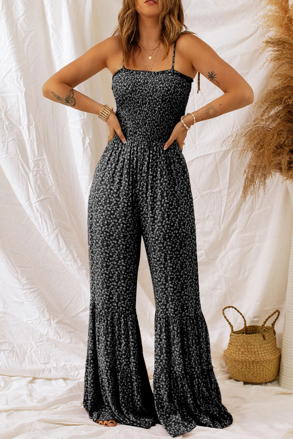 Floral Print Spaghetti Straps Smocked Wide Leg Jumpsuit