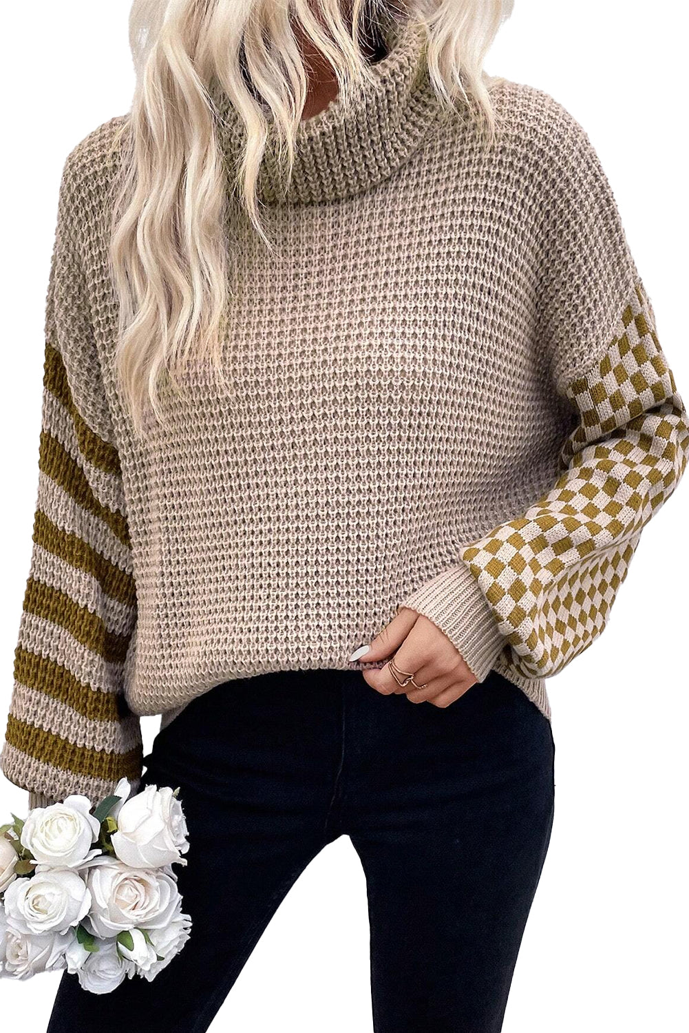 Smoke Striped Plaid Patchwork Waffle Knit Turtleneck Sweater