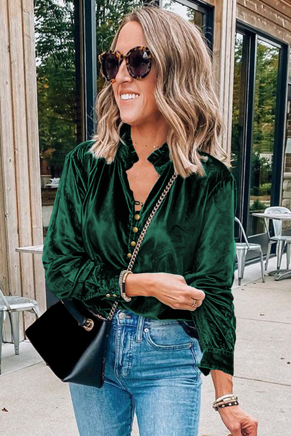 Frilled Buttoned V Neck Velvet Blouse