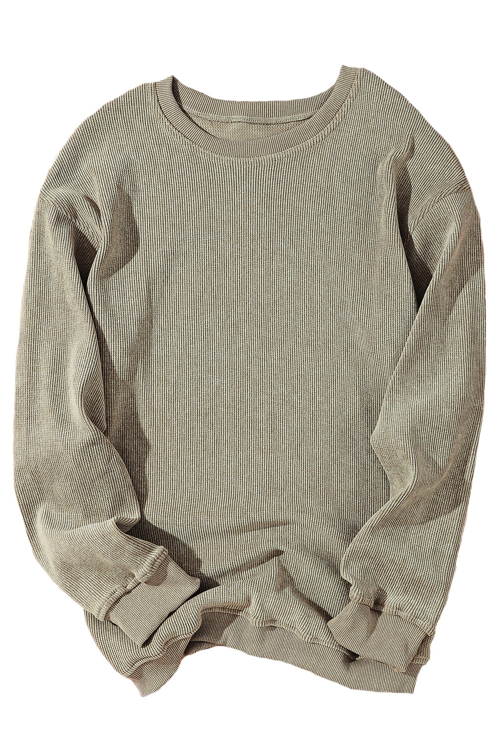 Solid Ribbed Round Neck Pullover Sweatshirt