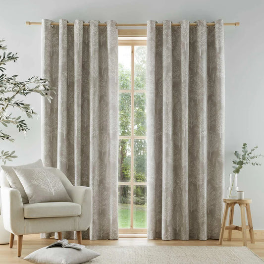 Natural Alder Trees Lined Eyelet Curtains - Catherine Lansfield