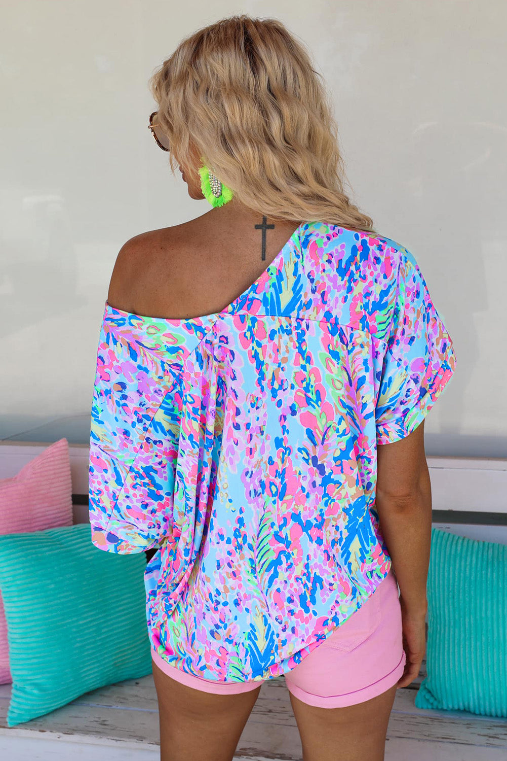 Boho Abstract Floral Print V Neck T Shirt