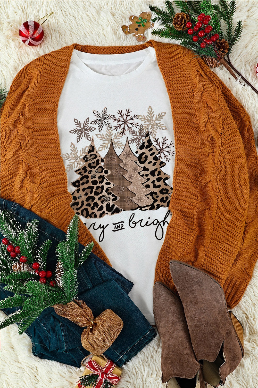 Black Leopard Christmas Tree Crew Neck Graphic T Shirt