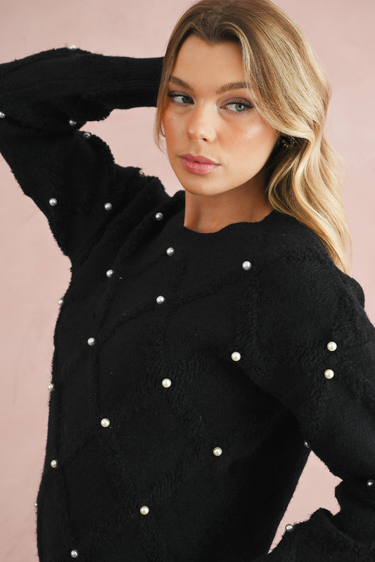 Black Pearl Embellished Rhombus Pattern Sweater