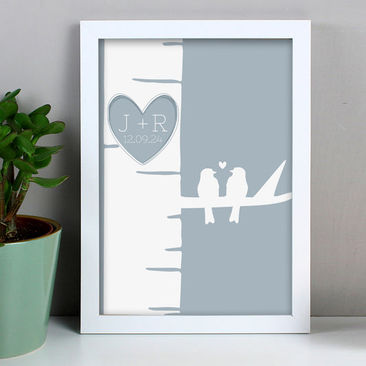 Personalised Grey Love Birds White A4 Framed Print