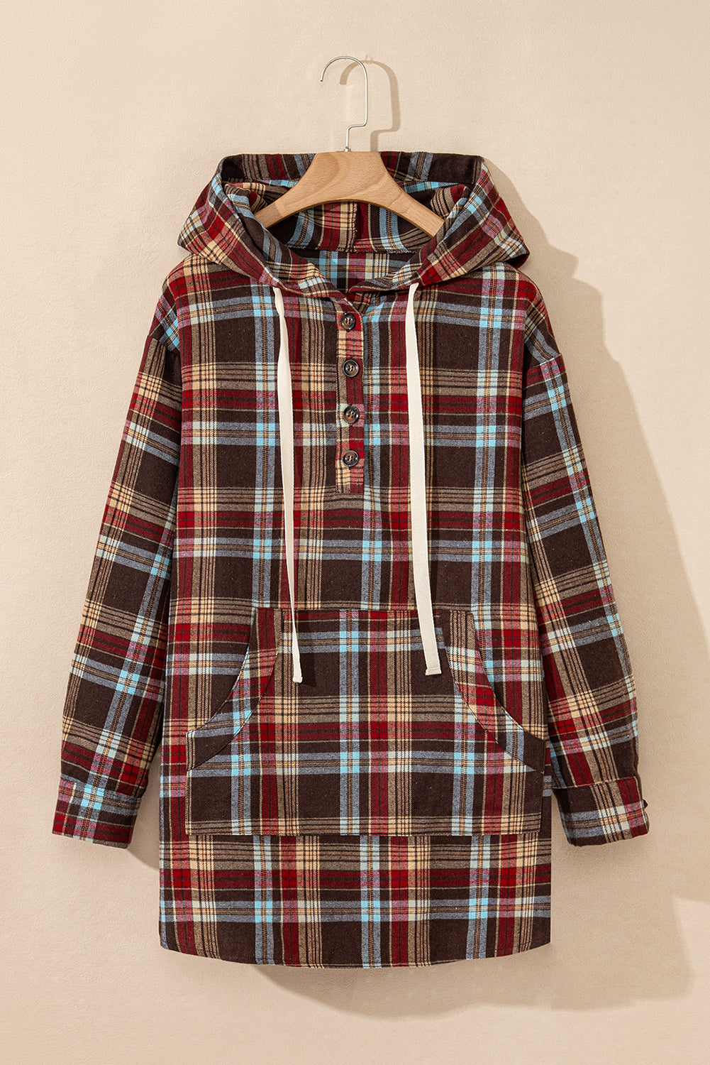 Plus Size Plaid Kangaroo Pocket Drawstring Hoodie