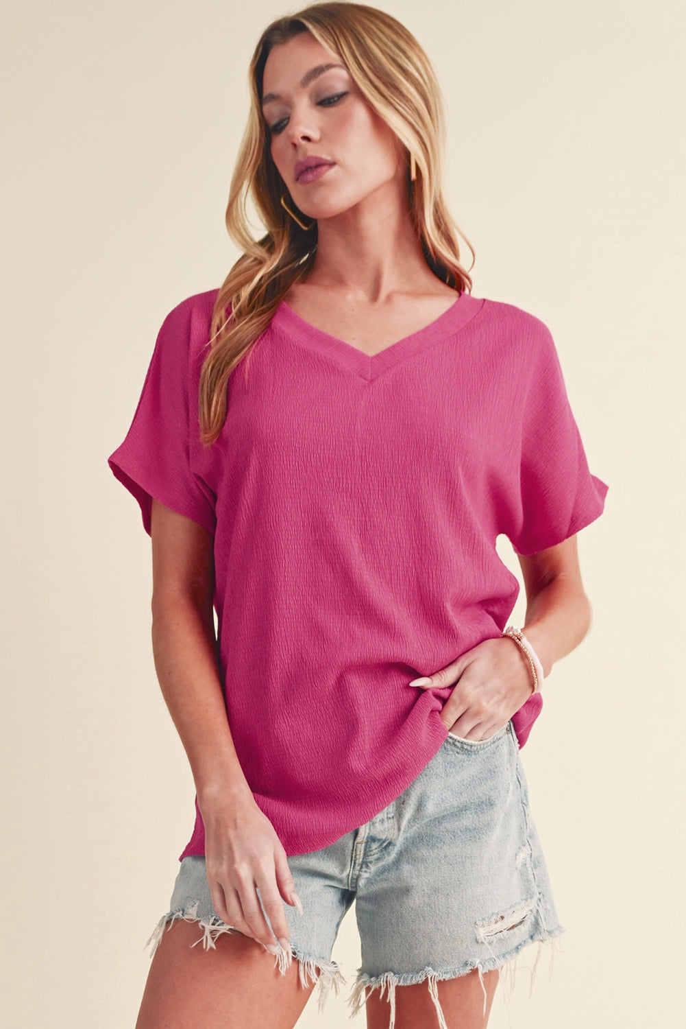 Plain Crinkled V Neck Flounce Sleeve T Shirt