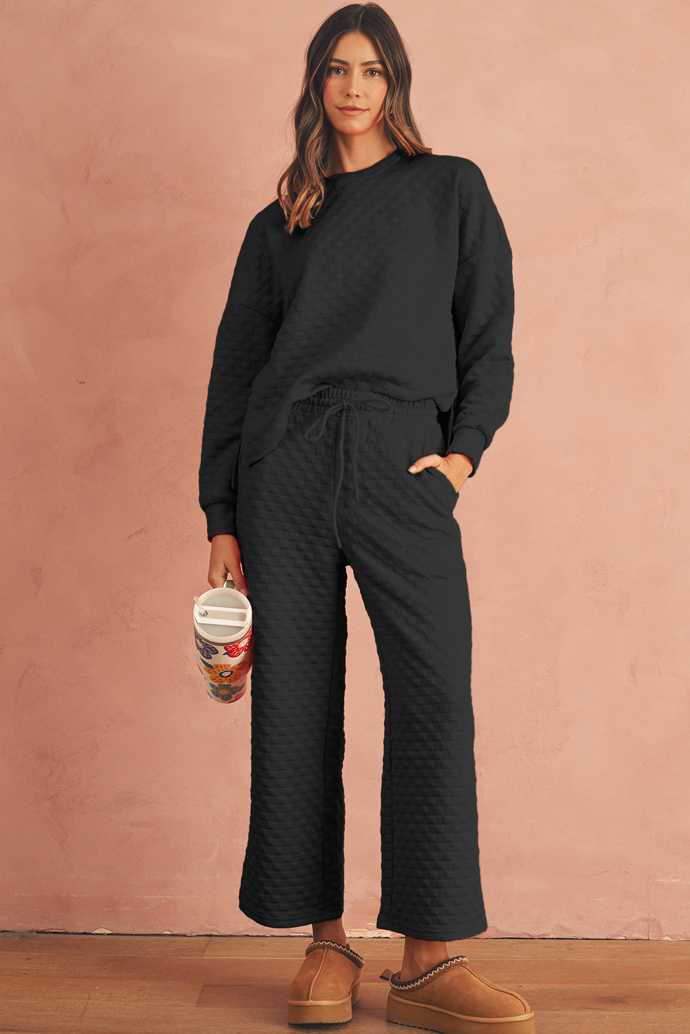 Checkered Textured Split Pullover Top and Pants Set