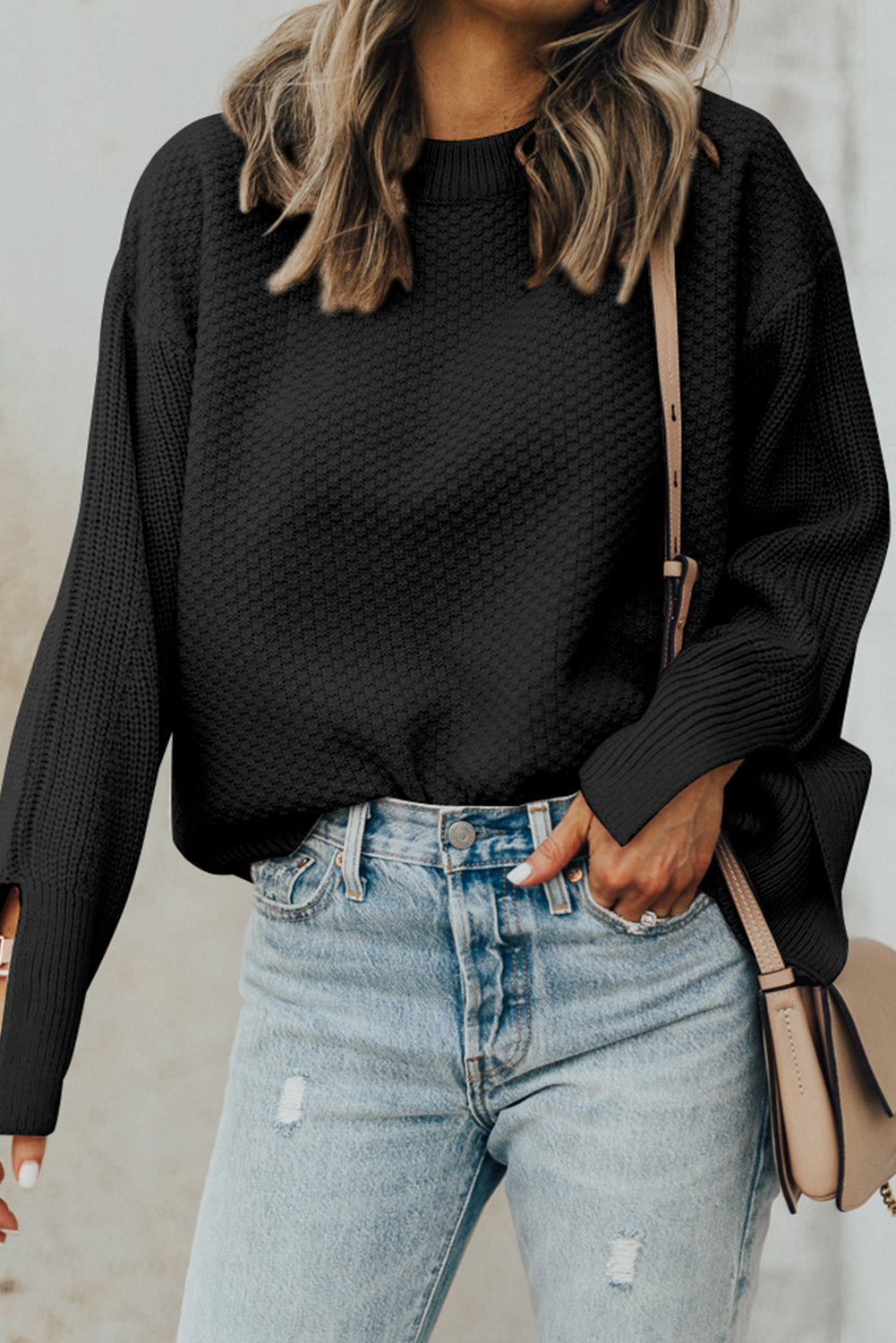 Textured Knit Split Cuff Drop Shoulder Loose Sweater