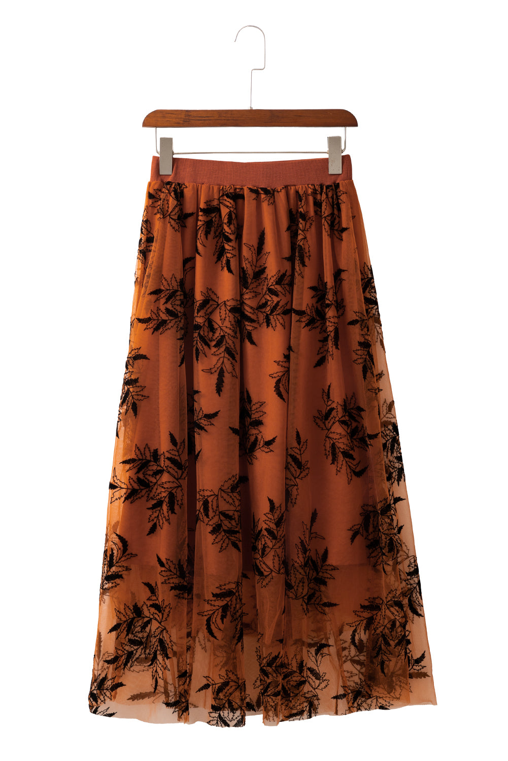 Peach Blossom Floral Leaves Embroidered High Waist Maxi Skirt