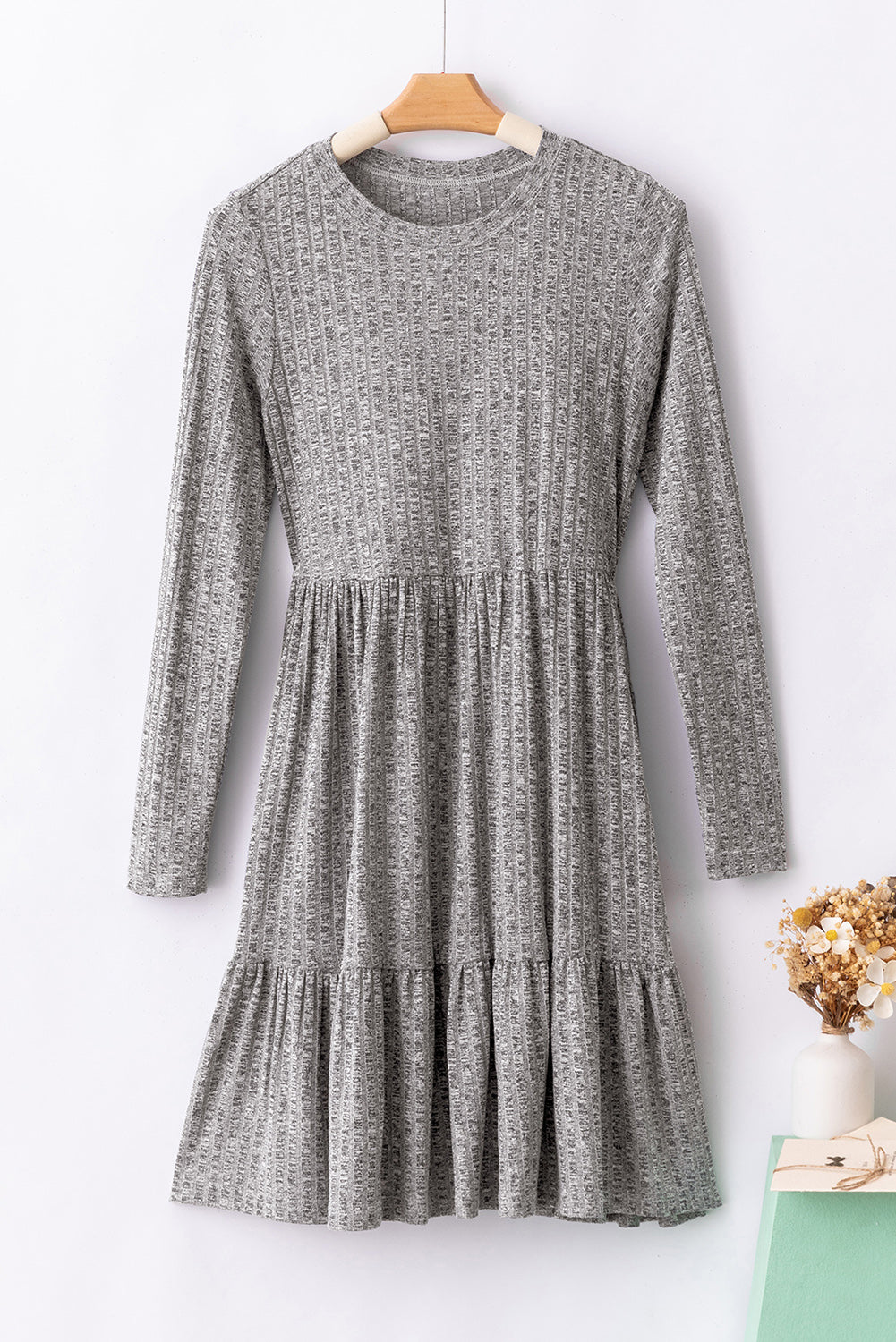 Gray Pocket Ribbed Pleated Ruffle Hem Mini Dress