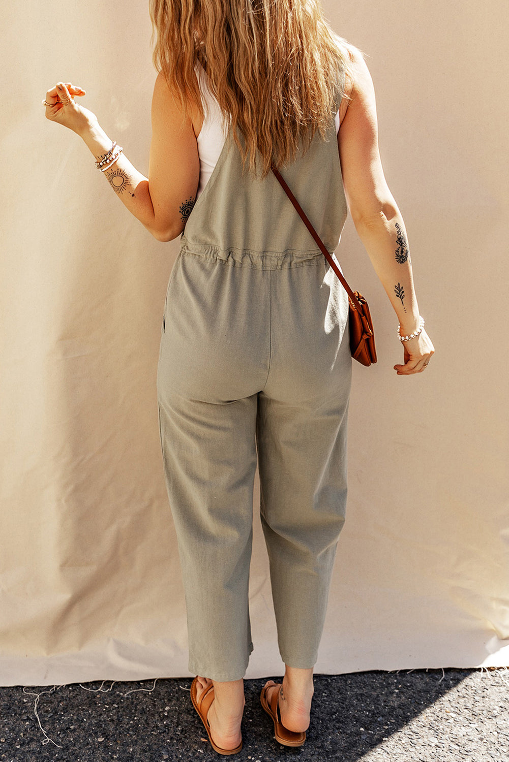 Drawstring Buttoned Straps Cropped Jumpsuit