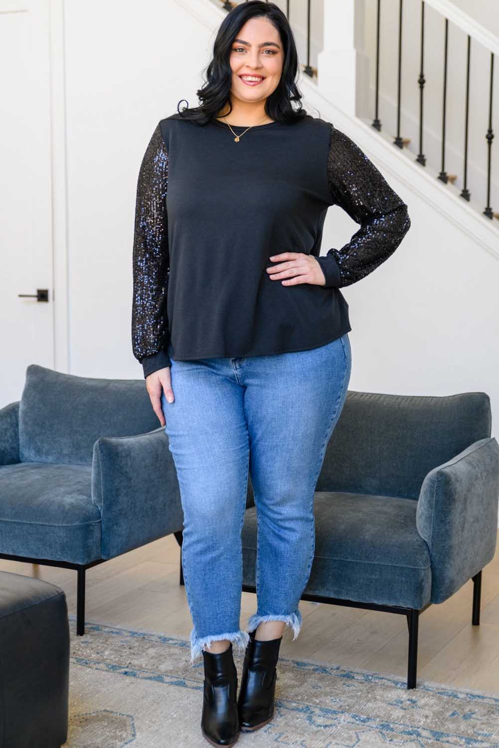 Black Sequin Contrast Long Sleeve Plus Size Top