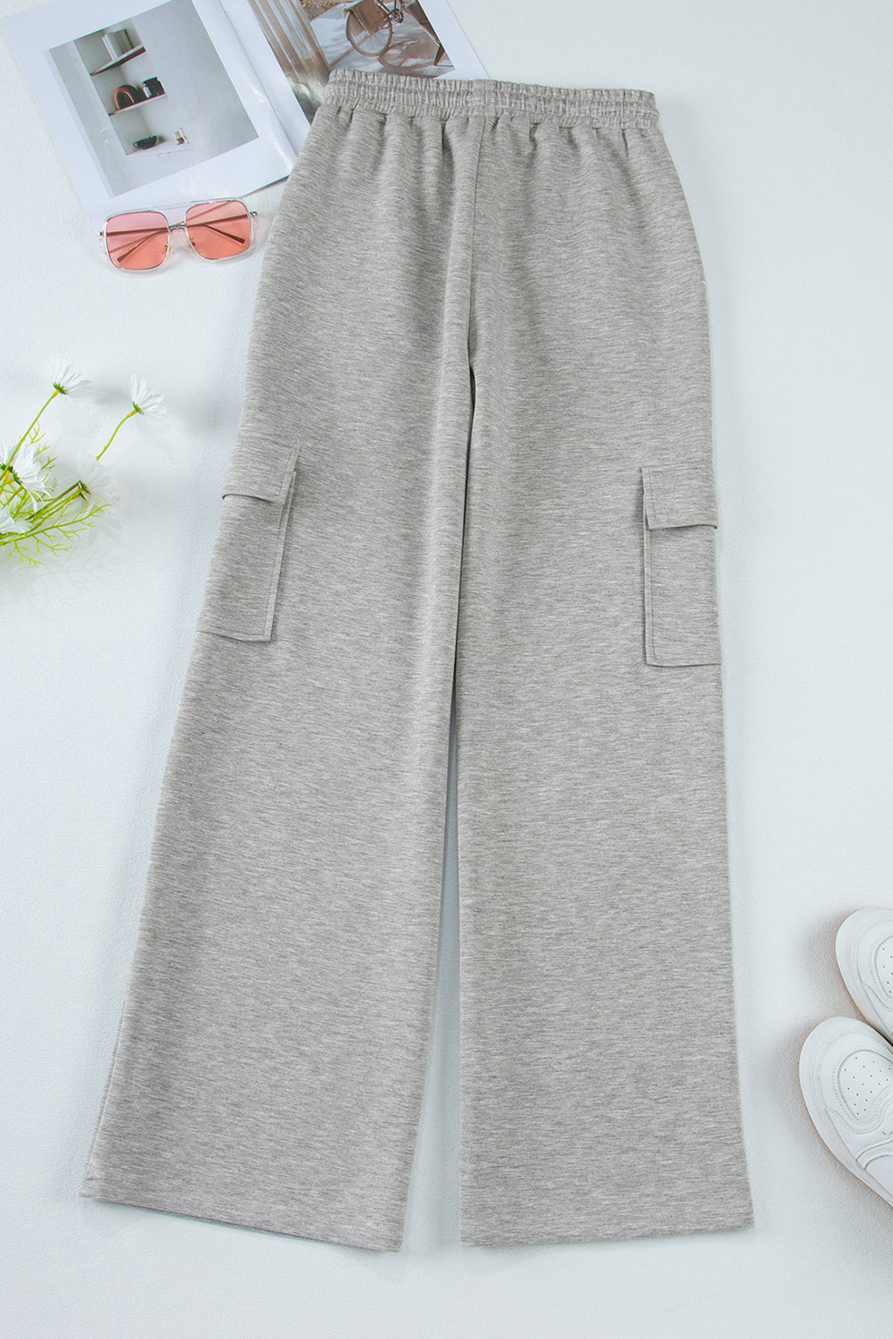 Light Grey Multi Pockets Lace Up High Waist Wide Leg Workout Pants