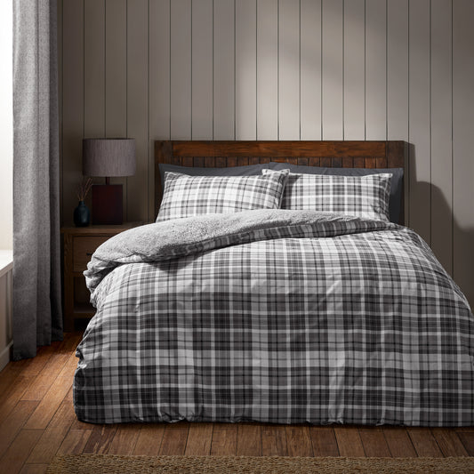 Catherine Lansfield Grey Cosy Sherpa Check Duvet Cover Set