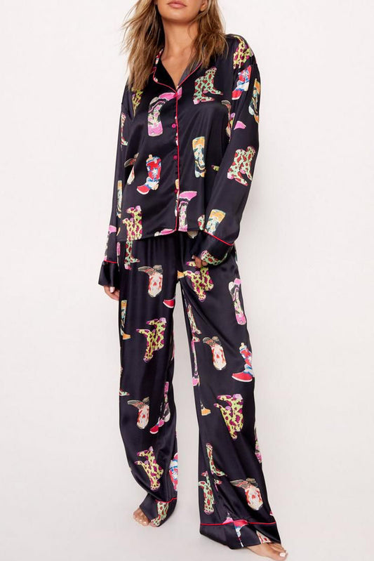 Black Boots Print Loose Shirt and Wide Leg Pyjama Set