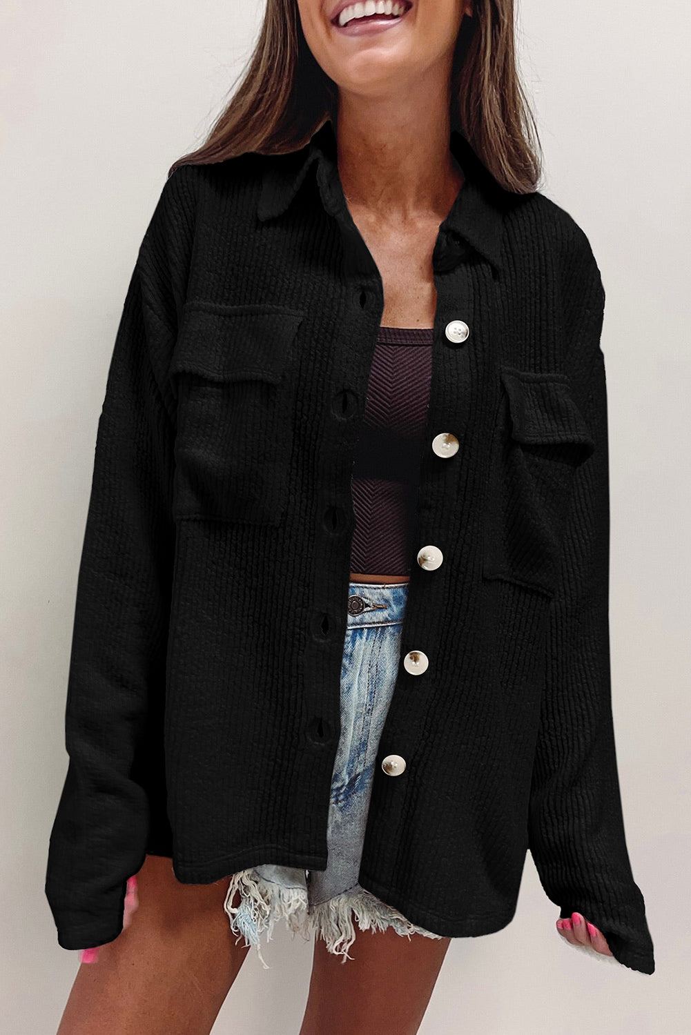 Plain Rib Textured Pocket Button Jacket