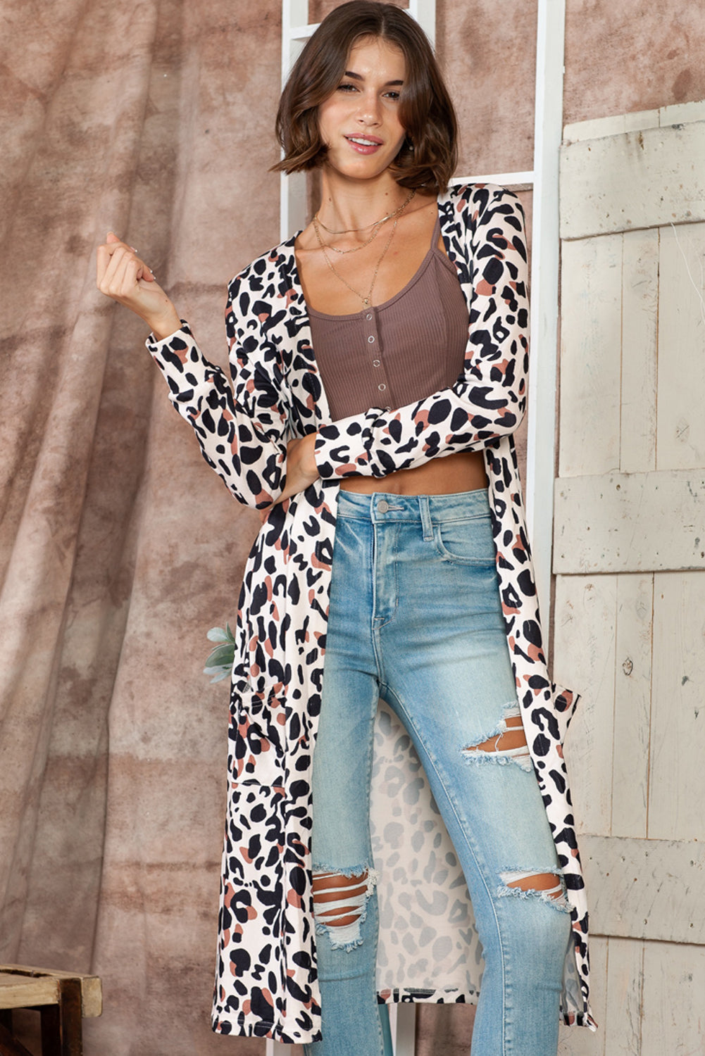 Leopard Side Pocket Open Front Duster Cardigan