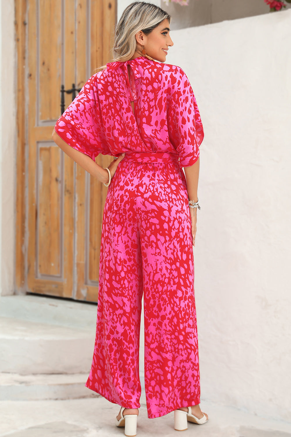 Rose Leopard Print Tulip Sleeve Belted Wide Leg Jumpsuit