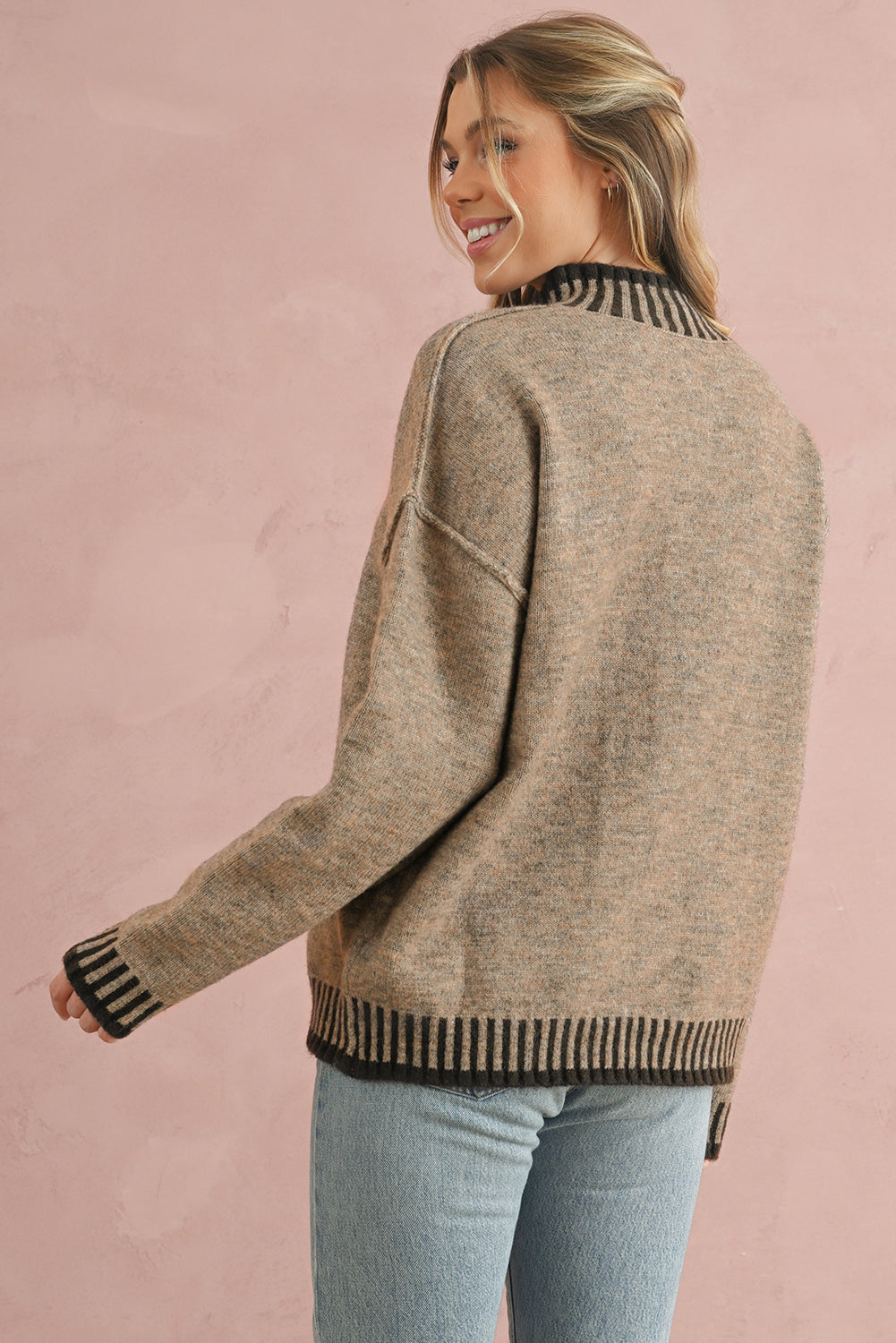 Pale Khaki Contrast Trim Mock Neck Drop Shoulder Sweater