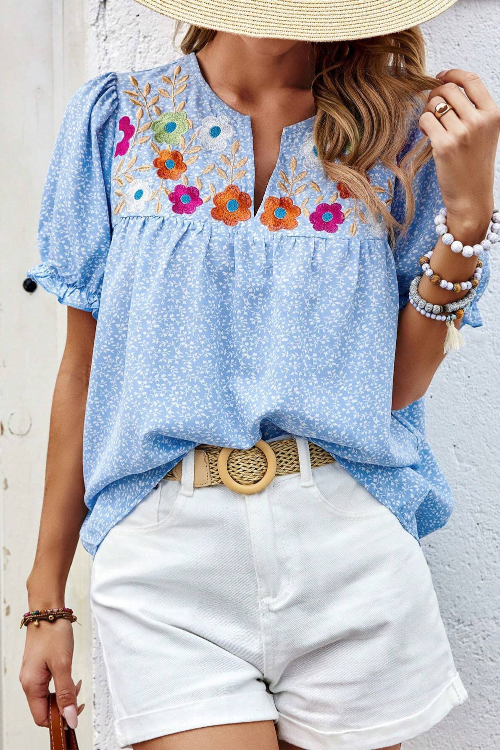 Sky Blue Floral Embroidered Notched V Neck Puff Sleeve Blouse